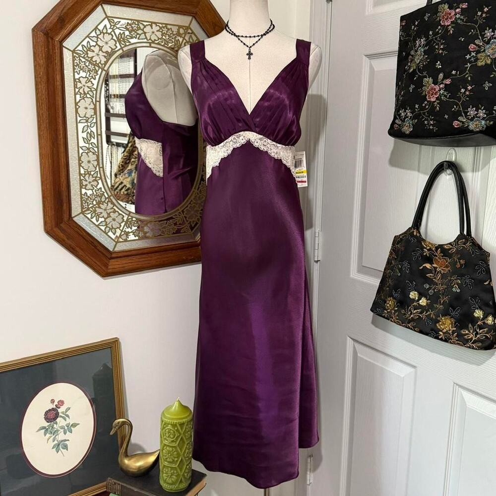 NWT Morgan Taylor Dark Purple & Ivory Lace Shiny Satin Maxi Lingerie Slip Dress
